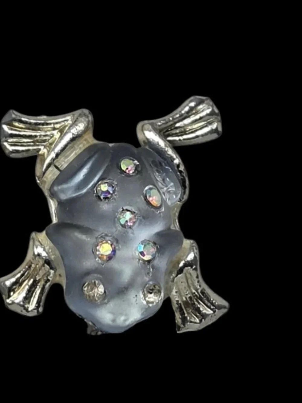 Vintage Silver Tone Jelly Belly Frog Brooch Pin with Aurora Borealis Rhinestones